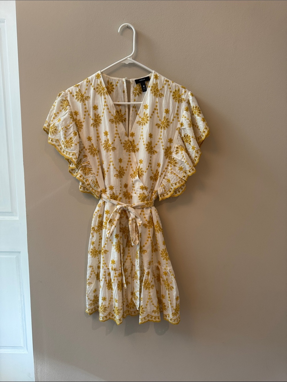Aqua White Mini Dress with Mustard Floral Embroidery